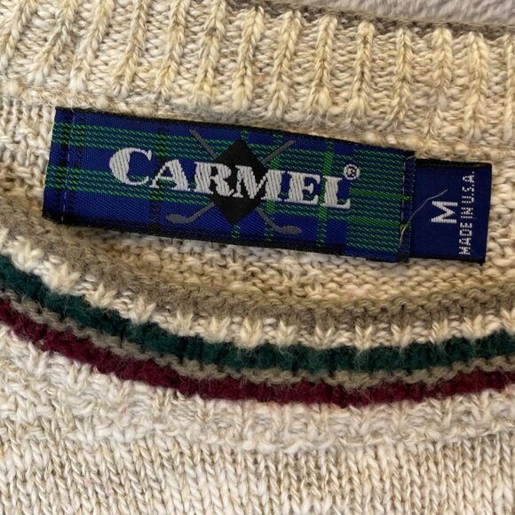 Carmel Mens Sweater Medium Pullover Knit Embroidered Vintage Golfer Argyle Beige - Picture 5 of 13